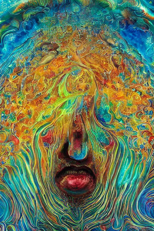 Image similar to hyperrealistic abstract close-up Renaissance psychedelic!! celestial happy! pure creature!! peaceful! kind spirit of nature! beautiful fractal!! eyes! highly detailed concept art eric zener elson peter cinematic hard rainbow lighting high angle hd 8k sharp shallow depth of field endless, inspired by Zdzisław Beksiński Salvador Dali