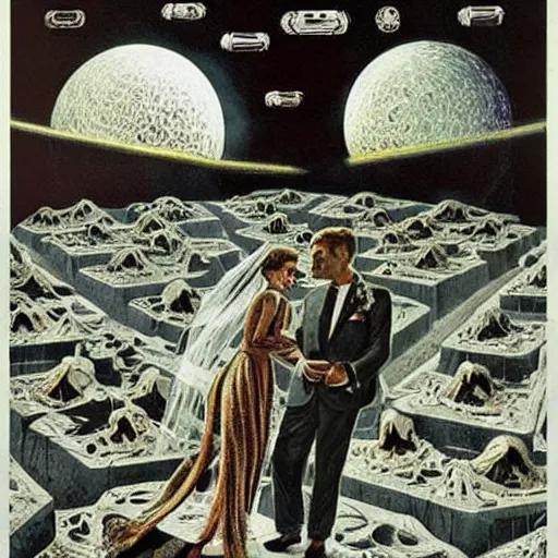 Image similar to i wouldn't marry you if you were the last man on earth!, apocalypse wedding, crying sad miserable unhappy bride, laughing groom, doomsday, radiation, nuclear holocaust by hr giger and chesley bonestell