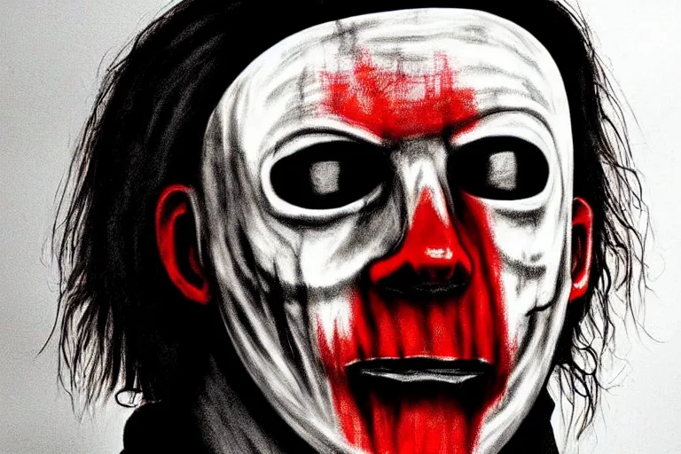 Prompt: michael myers mask, in the style of rob zombie, side profile, red, black, vibrant, chiaroscuro, high detail, perfect artwork, clean lines