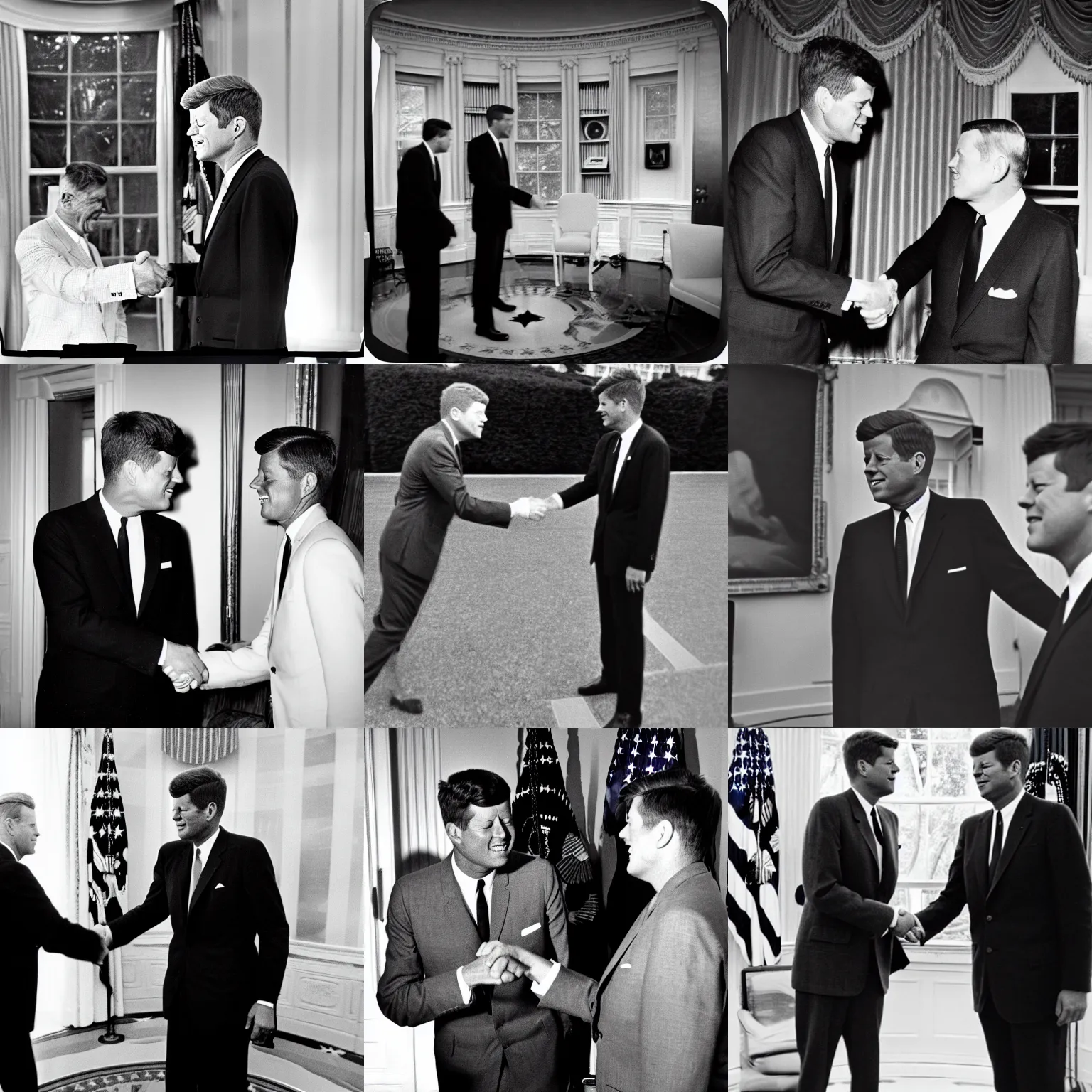 Prompt: John F. Kennedy handshakes an asgard alien in the White House oval office 1960, monochrome, instagram, trending, photograph, film grain and noise