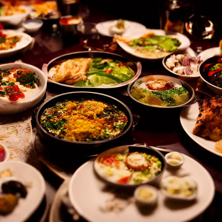 Prompt: close - up focused dslr photograph of an qatari dinner, 8 k, high detail, volumetric lighting, hyperrealism, aesthetically pleasing, studio lighting, trending