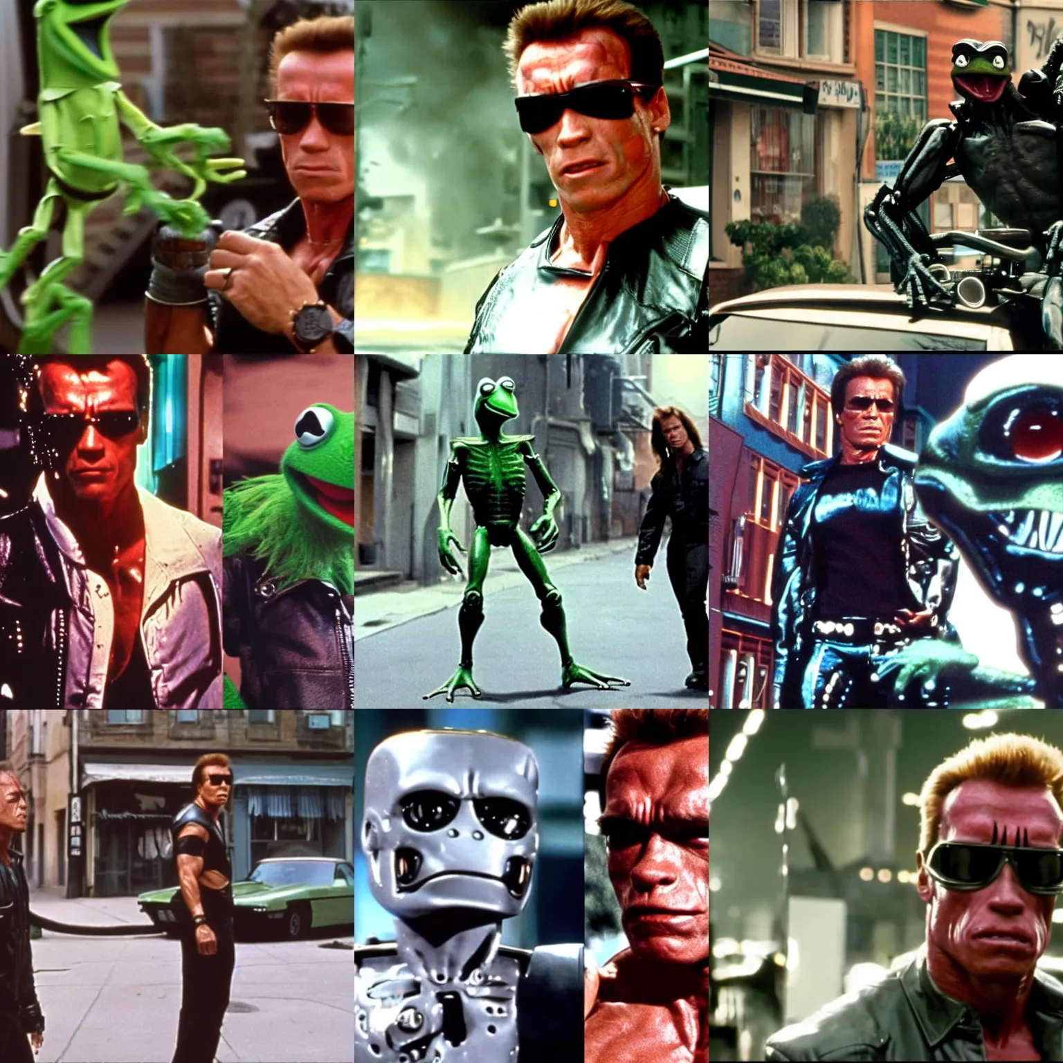 Prompt: The Terminator with face of Arnold Schwarzenegger fighting against Kermit the frog in street, full head, style film