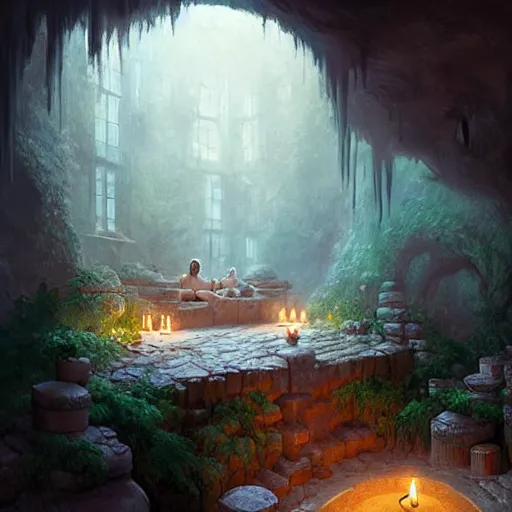 Image similar to cozy bathhouse hidden in a cave, candlelight, towels, cushions, natural light, lush plants and flowers, elegant, intricate, fantasy, atmospheric lighting, digital painting, Greg Rutkowski concept art