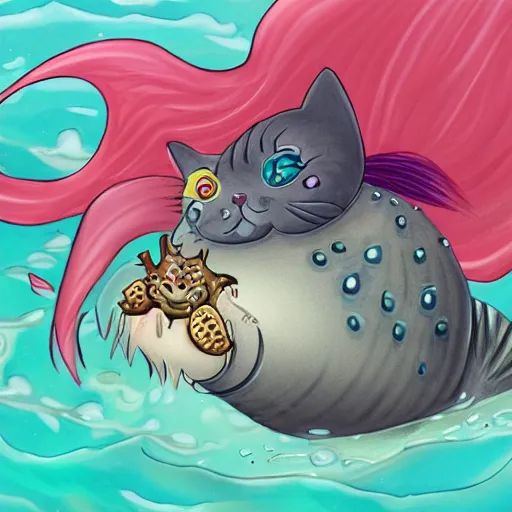 Image similar to A cat mermaid hybrid chasing a puffer fish