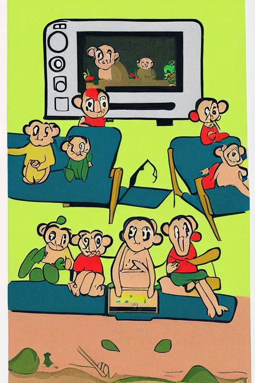 Image similar to an illustration of monkeys watching tv in the style of goodnight moon by margaret wise brown