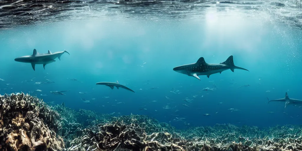 Image similar to hyperrealistic underwater photography, panoramic picture of an ocean floor with in the distance are some whale sharks. focus on the sharks. the sharks are anatomically correct and highly detailed. lots of bubbles. seaweed and some rocks. gloomy scattered light entering from the water surface, trending on artstation, hq, 4 k