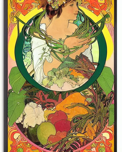 Prompt: a realistic cookbook photograph of a bacalaito fritter surrounded by tropical iconography and a variety of tropical flora, cell shading, by Alphonse Mucha, by Moebius, by hiroshi yoshida, Art Nouveau, colorful, ultradetailed, vivid colour, 3d