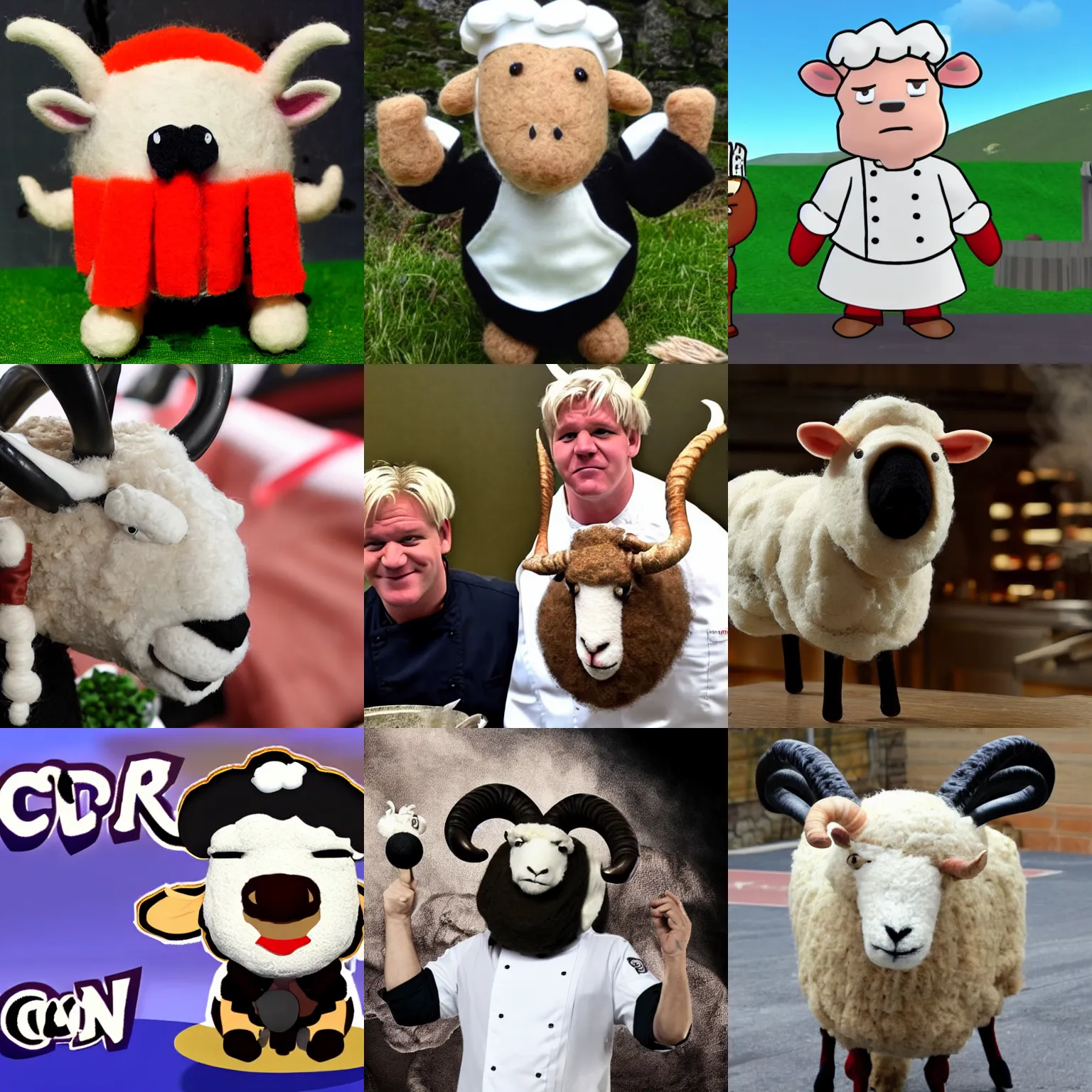 Prompt: chef gordon!! ramsay!! as a ram sheep with horns and wool