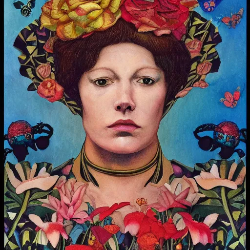 Image similar to the bone crown, by annie swynnerton and leo and diane dillon and ( diego rivera ), elaborate costume, flowers, iridescent beetles, rich color, dramatic cinematic lighting, smooth, sharp focus, extremely detailed