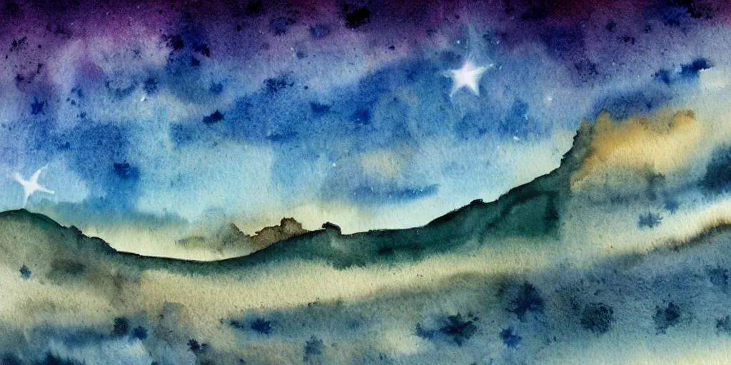 Image similar to desert with sky with stars in watercolor, cinematic, highly detailed wide, atmospheric lighting, muted colors