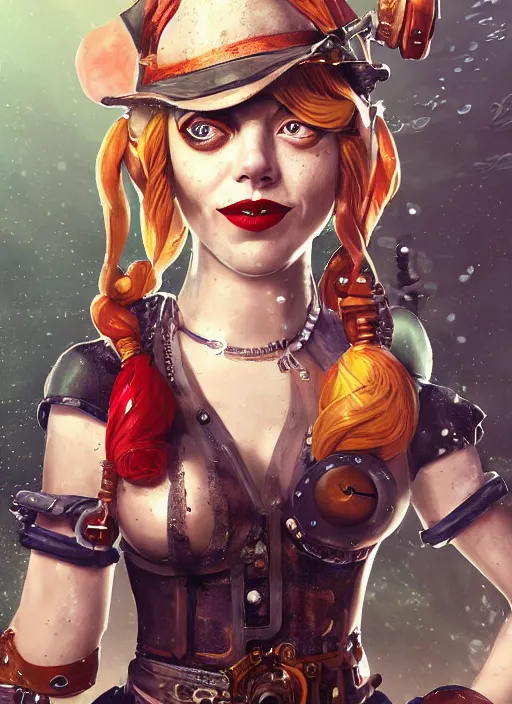 Image similar to underwater steampunk portrait of emma stone as harley quinn, hyper detailed, digital art, trending in artstation, cinematic lighting, studio quality, smooth render, unreal engine 5 rendered, octane rendered, art style by klimt and nixeu and ian sprigger and wlop and krenz cushart.