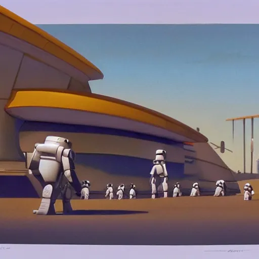 Image similar to ralph mcquarrie concept art of a futuristic mcdonalds. a space station is seen off in the distance with various droids and people walking in the foreground.