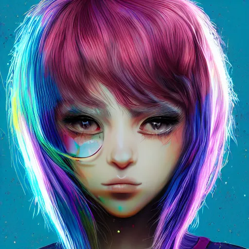 Image similar to catgirl with short rainbow hair, digital art, by Yoshitaka Amano, trending on artstation, 4k, highly detailed, psychedelic, cat ears