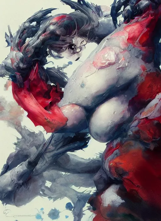 Image similar to semi reallistic gouache gesture painting, by yoshitaka amano, by ruan jia, by Conrad roset, by dofus online artists, detailed anime 3d render watermelon monster, watermelon terrible monster, antrophomorfic watermelon, portrait, cgsociety, artstation, rococo mechanical, Digital reality, sf5 ink style, dieselpunk atmosphere, gesture drawn