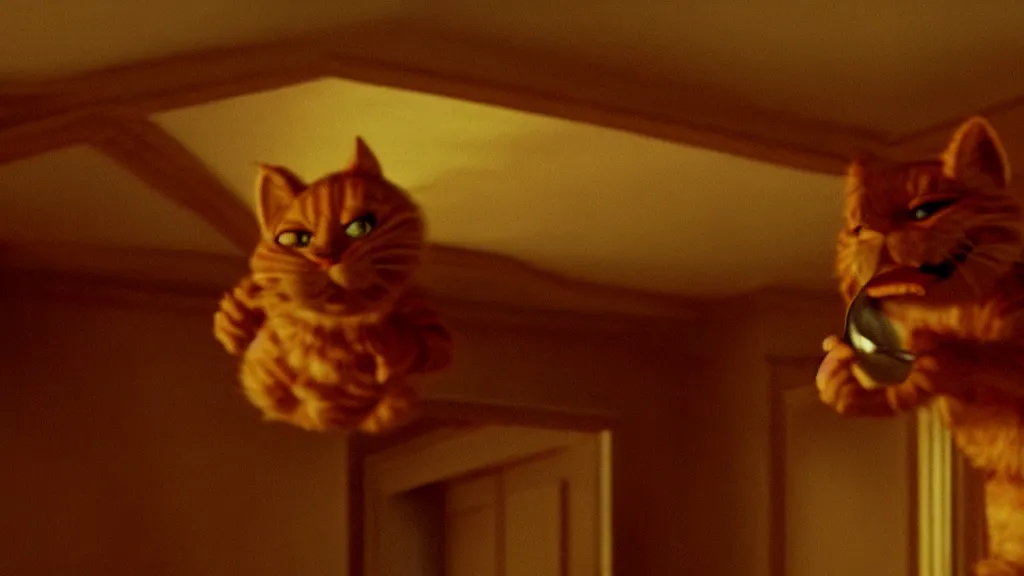 Prompt: a strange Garfield crawls on the living room ceiling holding a spoon, film still from the movie directed by Wes Anderson with art direction by Zdzisław Beksiński, wide lens