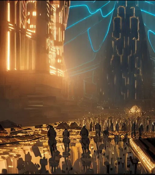 Image similar to tron legacy crowded race to the ancient and majestic tower of babylon destroyed, hyper realistic, ambient lighting, concept art, intricate, hyper detailed, trakovsky greatest scene, smooth, dynamic volumetric lighting, octane, raytrace, cinematic, high quality, high resolution, 4 k, cgsociety, rutkowski, gurney