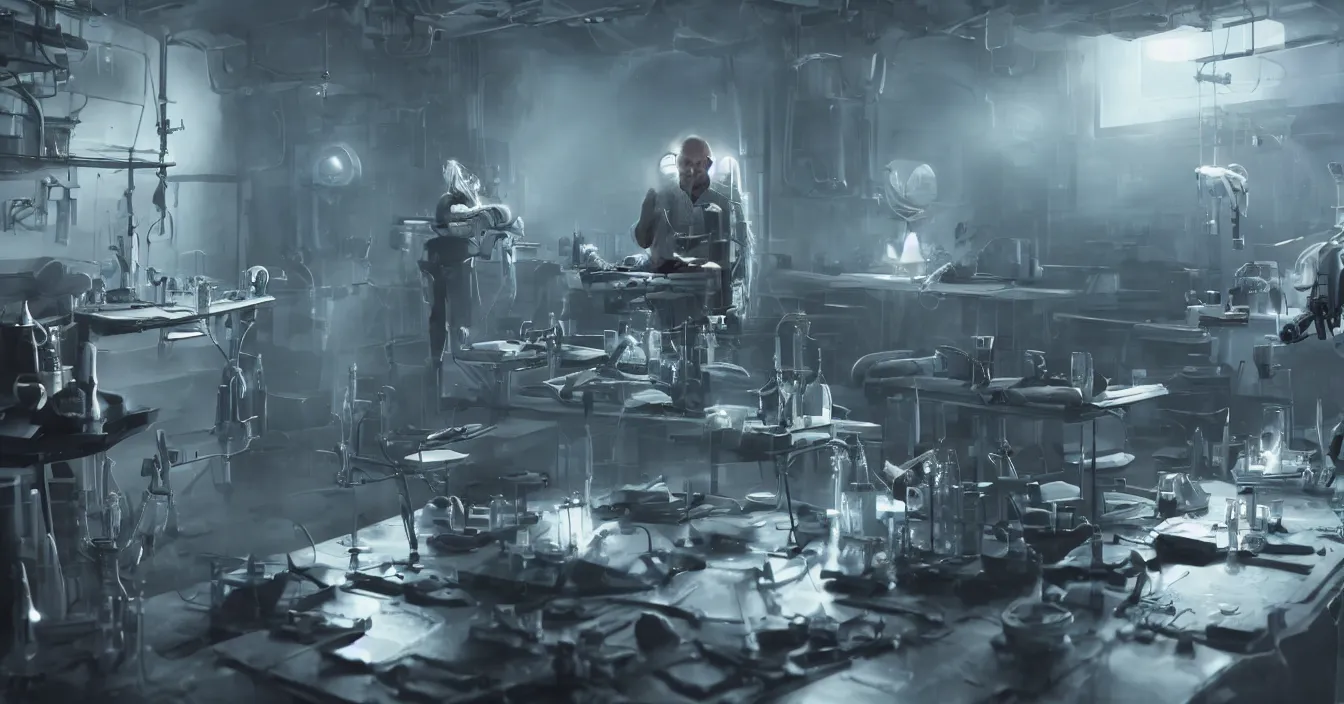 Prompt: realistic image from scifi movie with old doctor creating new humanoid robots in his laboratory, table with scifi tools, reflections, volumetric fog light, dark atmosphere, dramatic cinematic composition, depth, defocus, rendered in vray, raytracing, raymarching, by ilm, digital domain, weta digital