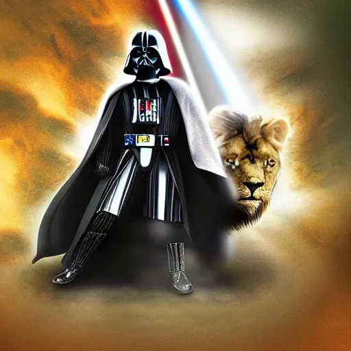 Image similar to Darth Vader riding a Lion with glare