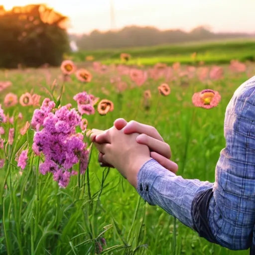 Image similar to a young couple holding hands in a field of flowers at sunset, realistic, intricate, 4k