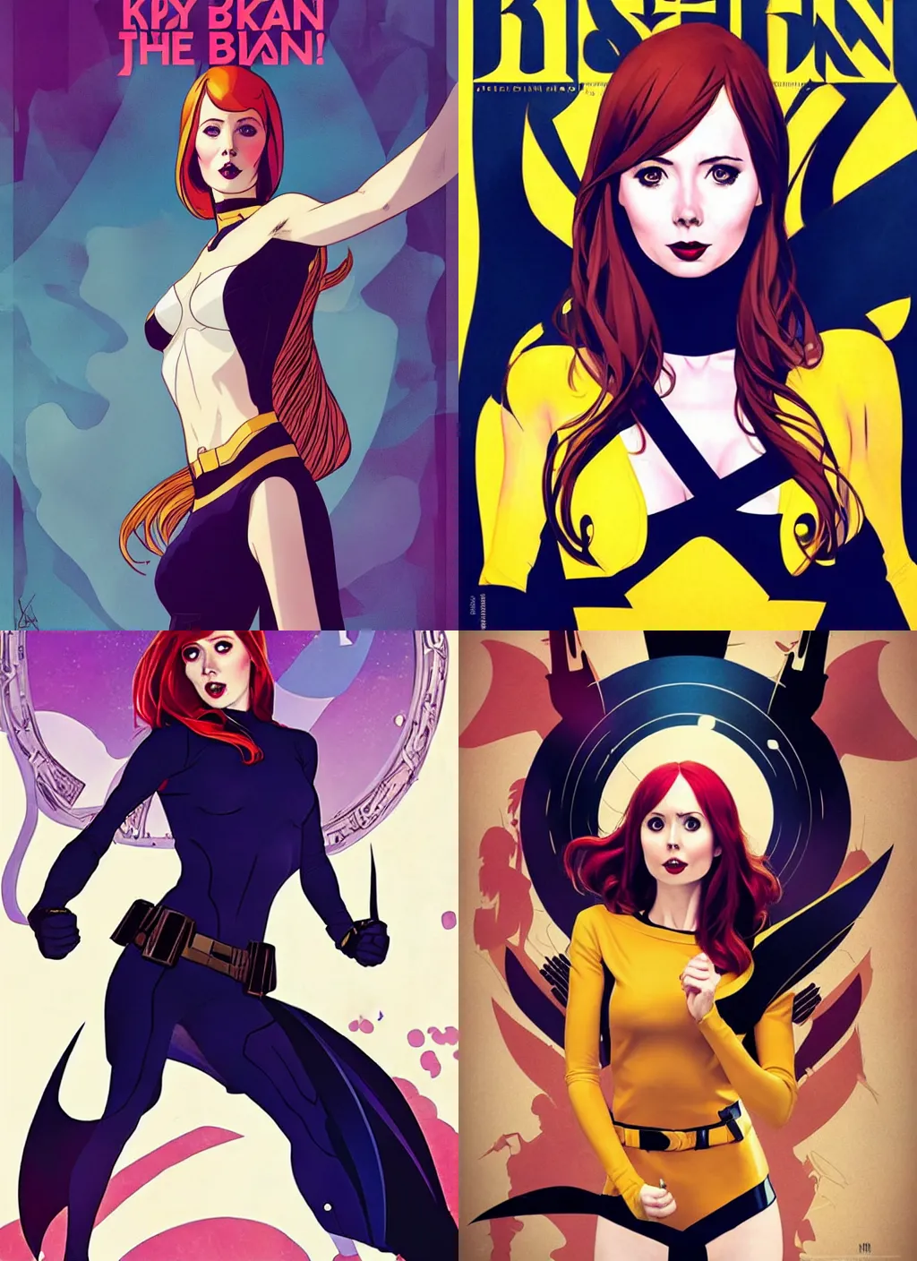 Image similar to in the style of Joshua Middleton comicbook cover art, Karen Gillan Batgirl, fun pose Symmetrical body, smile