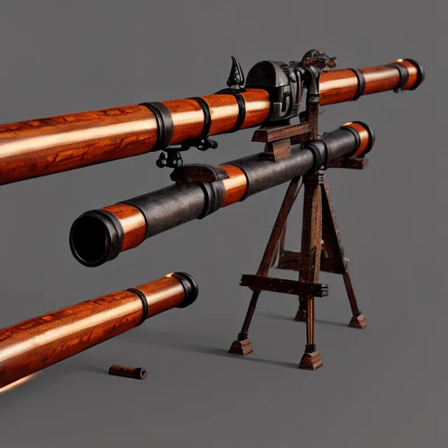 Prompt: wrought - iron cannon gun arquebus with wooden intarsia grip and telescopic sight, unreal engine, 8 k render