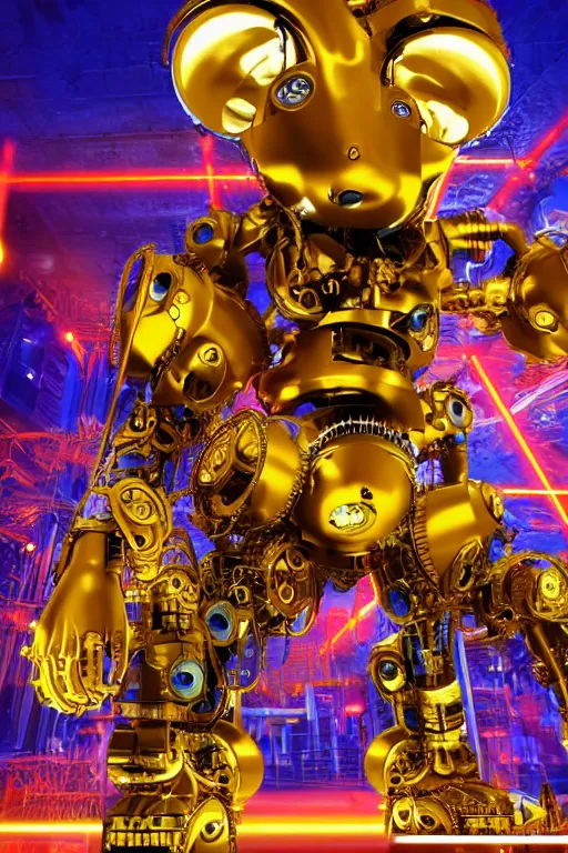 Image similar to photo of a giant huge golden and blue metal humanoid steampunk robot with big gears and tubes, robot is broken and falling apart into pieces, eyes are glowing red lightbulbs, shiny crisp finish, 3 d render, 8 k, insaneley detailed, fluorescent colors, background is multicolored lasershow