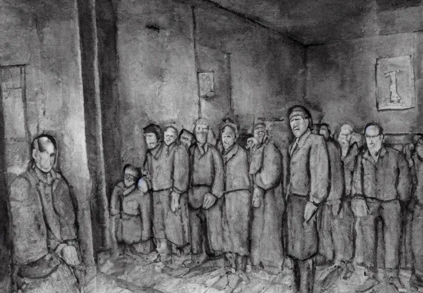 Prompt: realistic scene in auschwitz concentration camp with jewish prisoners by modigliani, dark fantasy, highly detailed, high contrast, 4 k, trending on artstation, award - winning