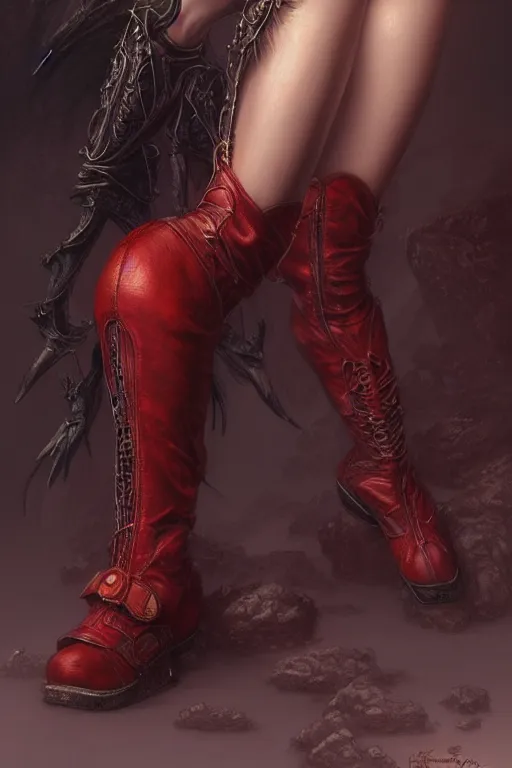 Image similar to red women's boots, shoes only, by wlop, by luis royo, by peter mohrbacher, concept art, digital illustration, intricate, masterpiece, elegant, super detailed, unreal engine rendering, smooth, sharp focus, artstation hq