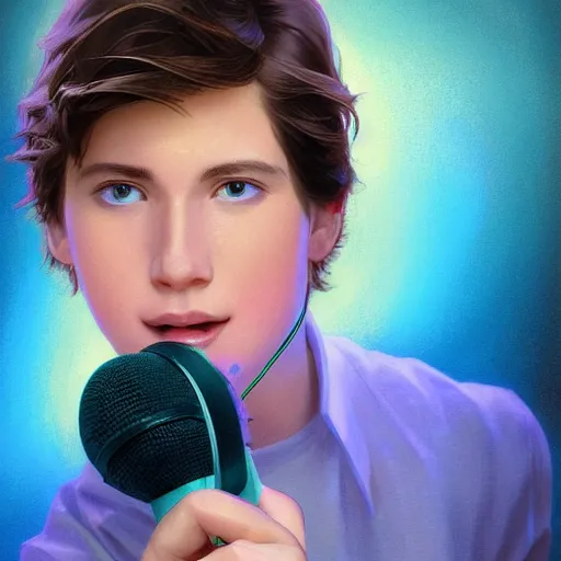 Prompt: a handsome young man with sandy brown hair and blue eyes singing into a neon blue microphone headset posing on stage. dynamic!! pose. gesture drawing. concert. cinematic lighting. wide shot photorealistic. hyper realism. ray tracing hdr. intricate detailed masterpiece. by bouguereau and shigenori soejima ruan jia. lifelike.