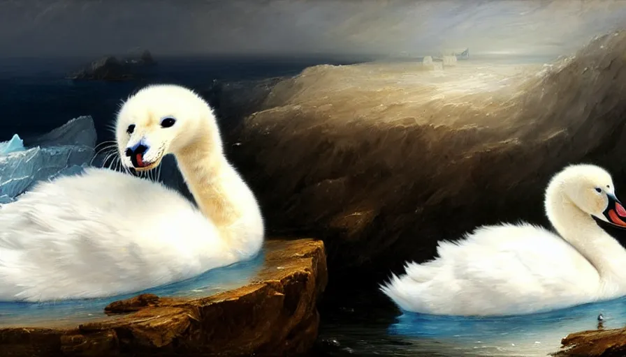 Prompt: highly detailed painting of cute furry white baby seal swan cats cuddling into each other on a blue and white iceberg by william turner, by greg rutkowski, by william constable, thick brush strokes and visible paint layers, 4 k resolution