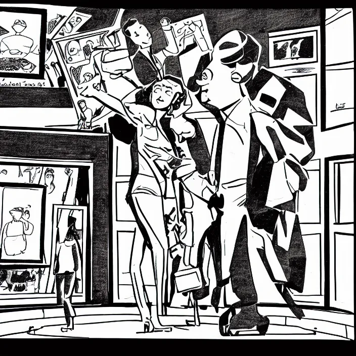 Image similar to a still frame from comic strip two person looking at the sculpture 1 9 9 0, new yorker illustration, monochrome contrast bw, lineart, manga