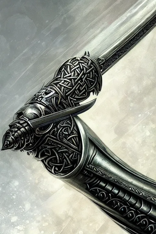 Image similar to masterpiece, medieval viking divine sword of power, shiny blade and stylized hilt, doom, elegant, majestic, epic, art by h. r. giger, greg rutkowski, josan gonzalez, alexey egorov, biomechanical, alchemy, monogram