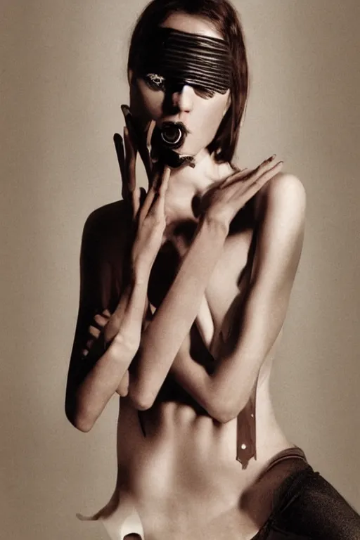 Image similar to margiela campaign featuring amy rose as a female cowgirl, long eyeslashes, big juicy lips, big seductive eyes