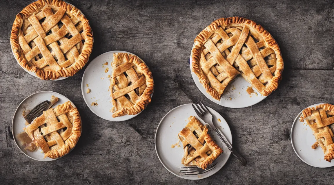 Image similar to photo of a delicious apple pie on a plate on the table of a rustic farmhouse in cornwall food photography, photorealistic, ultra realistic, maximum detail, recipes.com, epicurious, instagram 8k, volumetric light, cinematic, octane render