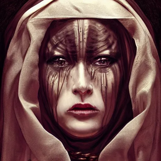 Image similar to portrait of a Shibari rope wrapped face and neck, headshot, insanely nice professional hair style, dramatic hair color, digital painting, of a old 15th century, young cyborg Rubber Nun, amber jewels, baroque, ornate clothing, scifi, realistic, hyperdetailed, chiaroscuro, concept art, art by Franz Hals and Jon Foster and Ayami Kojima and Amano and Karol Bak,