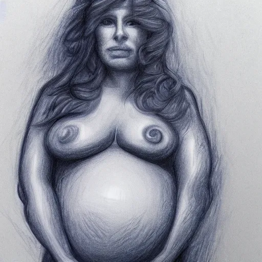 Image similar to abstract pencil drawing of a pregnant woman with blue hair
