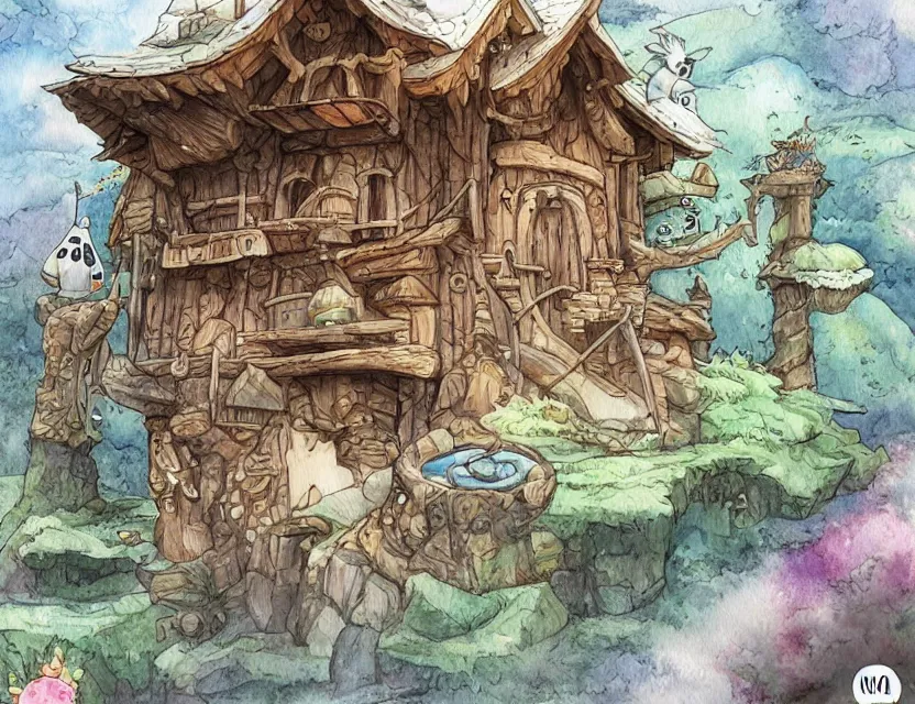 Image similar to cute and funny, a magicians cabin carved into a mountain, centered award winning watercolor pen illustration, edited by range murata, tiny details by artgerm and watercolor girl, sharply focused