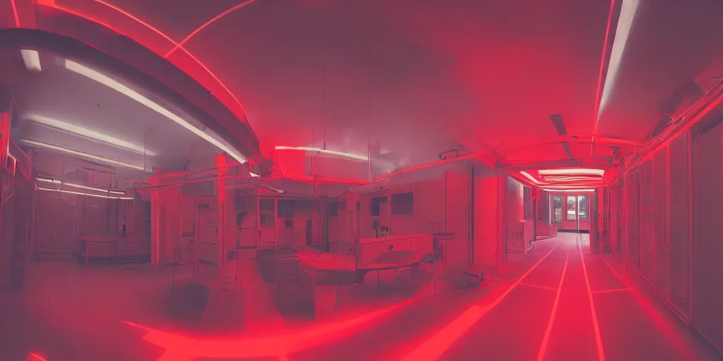 Image similar to noisy color photograph of a retrofuturist liminal space, laboratory, red lights, minimalist, cinematic, fish eye lens, soft vintage glow