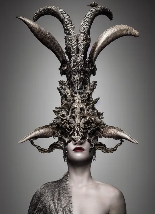 Image similar to a portrait of female by stefan geselle and nekro borja, photorealistic, intricate details, hyper realistic, fantasy, elegant, baroque, horn, ram skull headpiece, photorealistic, photography, symmetrical features, symmetrical pose, wide angle shot, feet on the ground, wearable art, unreal engine, cinematic lighting