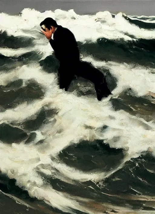 Image similar to black ocean, crashing waves, dale cooper standing alone amidst waves, lonely!!!!! painting by phil hale, fransico goya,'action lines '!!!, graphic style, visible brushstrokes, motion blur, blurry, visible paint texture, crisp hd image