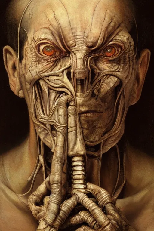Prompt: beautiful oil painting portrait of biomechanical man face connected to the machine by wayne barlowe, rembrandt, complex, stunning, realistic skin color, 4 k, high res, awardwinning, masterpiece, realistic lighting
