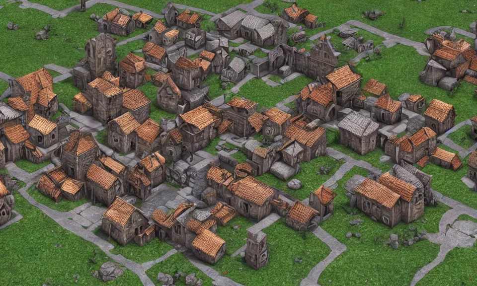 Prompt: Isometric 3D model of a medieval village, highly detailed, Unreal Engine, Blender, 4K
