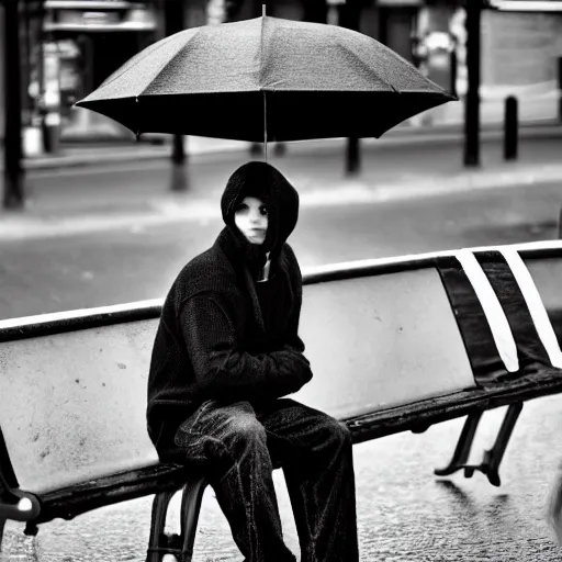 Image similar to black and white fashion photograph, highly detailed portrait of a depressed white drug dealer sitting on a bench on a busy Paris street, looking into camera, eye contact, natural light, rain, mist, lomo, fashion photography, film grain, soft vignette, sigma 85mm f/1.4 1/10 sec shutter, Daren Aronofsky film still promotional image, IMAX 70mm footage