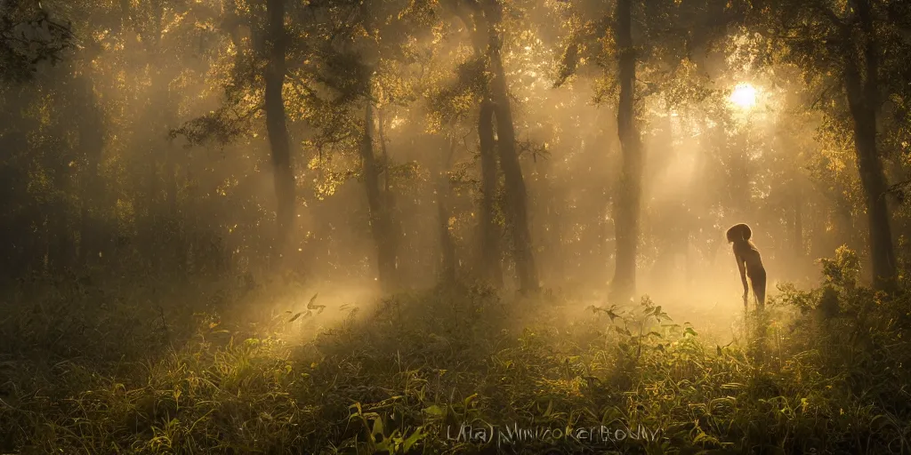 Prompt: misty swamp, hazy fog, sundown golden hour, early morning dance, fireflies and sparkling wisps, sun rays through trees, Lilia Alvarado, Sophie Anderson, Mark Arian, Bob Byerley, Charlie Bowater, Mark Brooks, Steve Henderson, Justin Gerard, Arthur Hughes, Edward Robert Hughes, Mark Keathley, Victor Nizovtsev, Carlos Shwabe, Ross Tran, WLOP