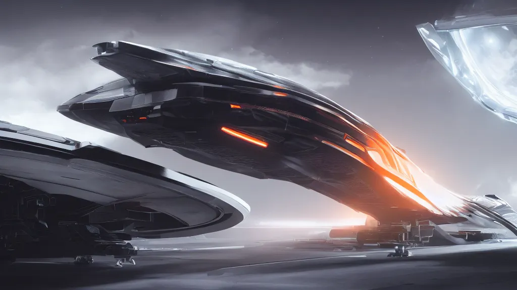 Image similar to a photorealistic dramatic hyperrealistic full frame render of a sleek futuristic interstellar spacecraft, ultra realistic details, glossy white metal, orange racing stripes by nicolas bouvier sparth, vitaly bulgarov, ben mauro, ilm, beautiful dramatic dark moody tones and lighting, cinematic atmosphere, studio lighting, shadows, dark background, octane render, 8 k