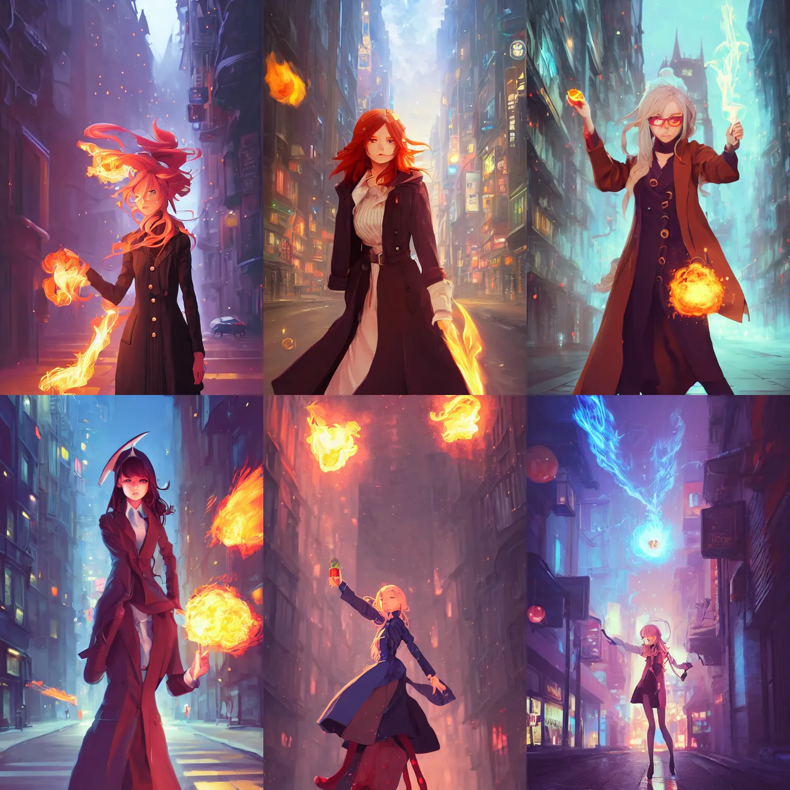 Prompt: a portrait of a cute female wizard wearing a flowing very stylish trenchcoat and holding a fireball, embers flying, urban fantasy setting, narrow street, vivid colors, warm lighting, atmospheric, cinematic, moody, in the style of Ilya Kuvshinov and Range Murata, Krenz Cushart, oil on canvas, 8k
