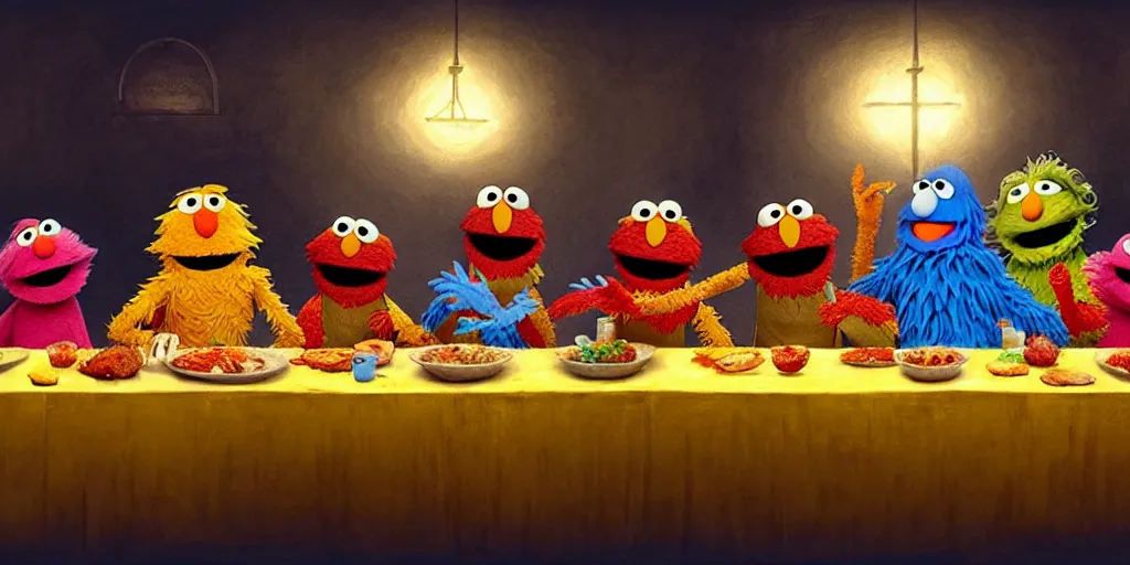 Image similar to sesame street last supper by greg rutkowski, digital painting, trending on artstation, sharp focus, 4 k