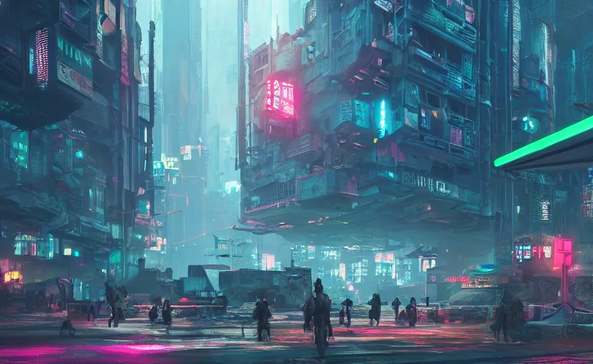 Prompt: matte painting environment design of dystopian cyberpunk city with neon lights, people on the streets being monitored by flying drones, trending on artstation, painted by dreadjim, eddie mendoza, james paick, ultra realistic, volumetric lighting, 4k, octane render