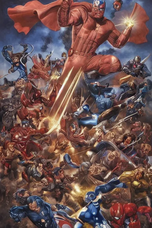 Image similar to super hero civil war battle. art by tomacz alen kopera and gaston bussiere and alex ross.