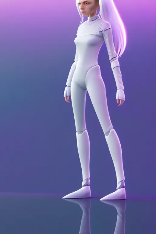 Image similar to upright and straight women, scifi, futuristic design, full body model, long white hair, character design, cinematic lighting, highly detailed, by beeple, goro fujita, smooth gradient.